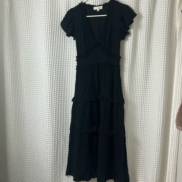 Pinch Gauzy Deep V Neck Black Tiered Short Sleeve Maxi Dress Medium - Picture 5 of 15